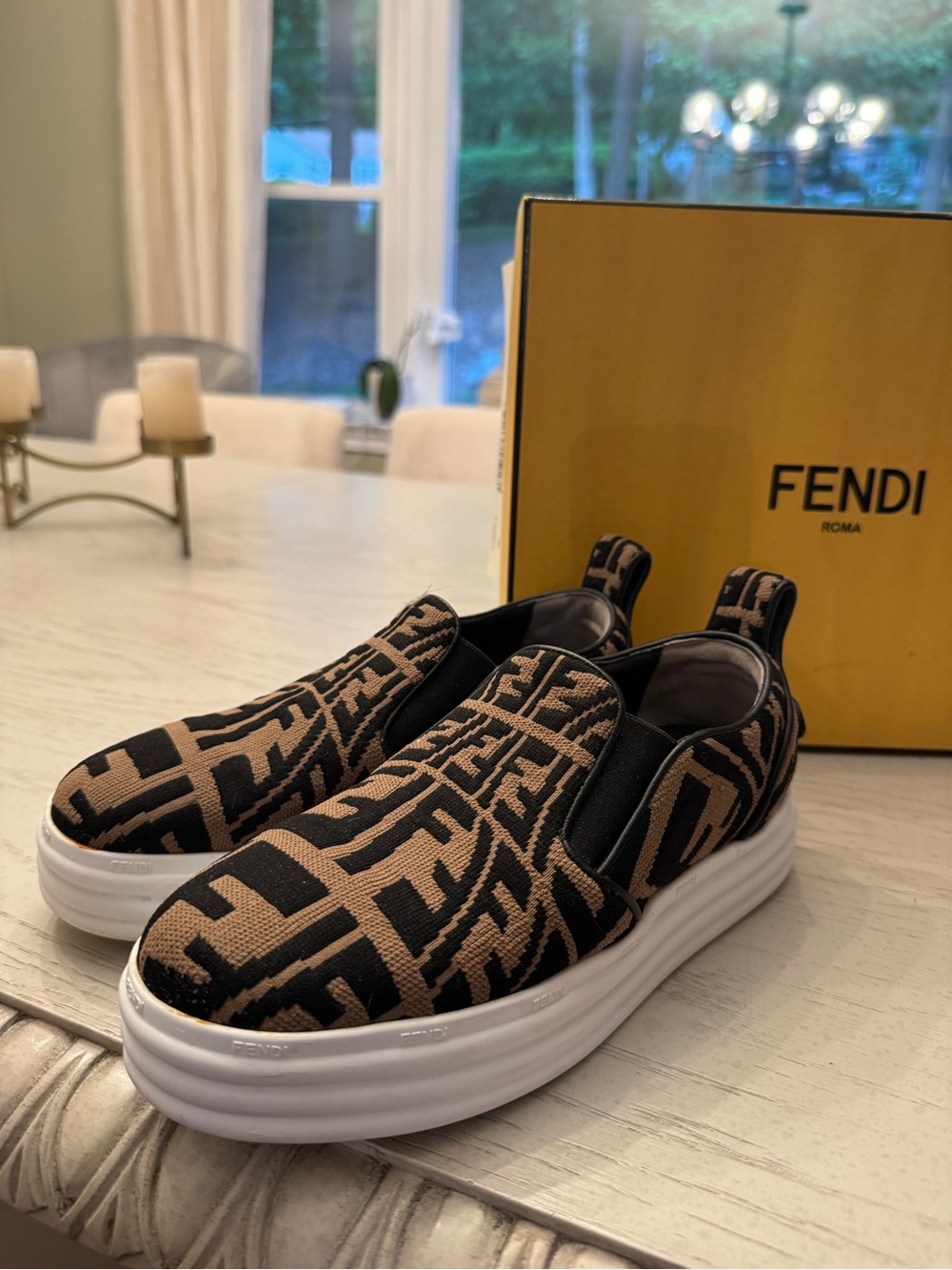 Fendi women’s FF Logo Slip-On Sneakers in Brown & Black